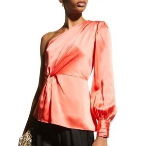 Cinq à Sept Stace Asymmetric Neck One Shoulder Silk Top Neon Coral